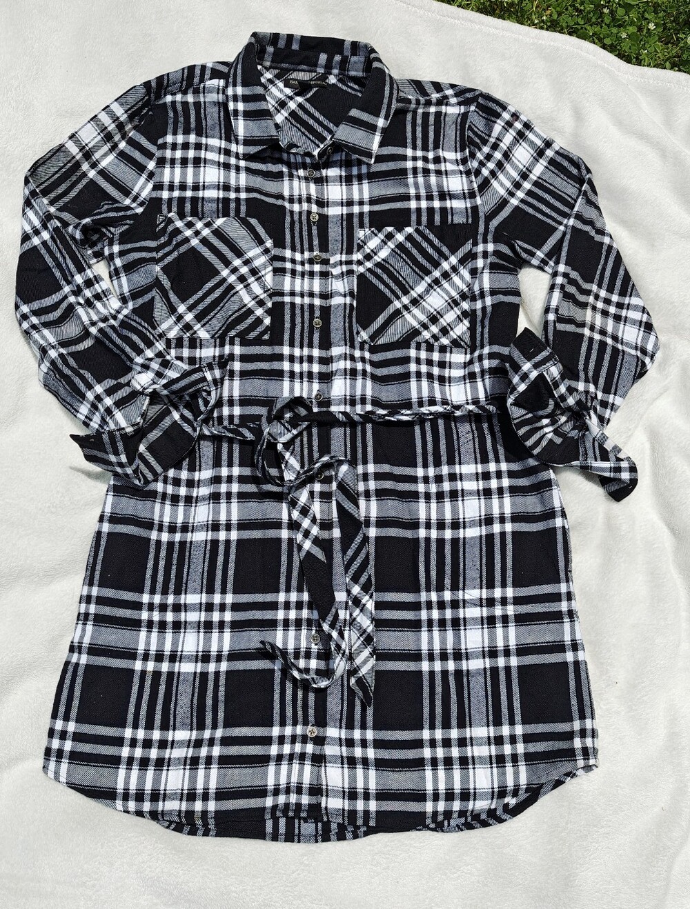 Banana Republic Black and White Plaid Flannel Shirt Dress NWOT Tie Size 6 Women